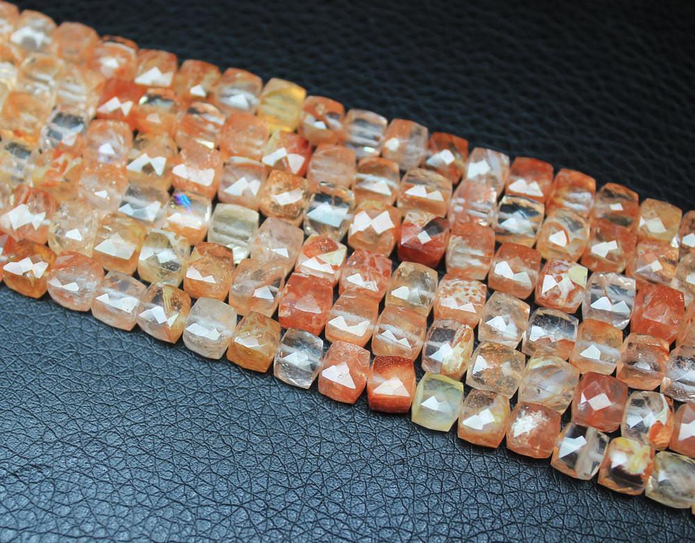 Natural Orange Strawberry Quartz Faceted Box Squre Beads 6mm 6.5mm 8inches - Jalvi & Co.