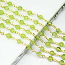 Load image into Gallery viewer, Natural Peridot Smooth Round Beads Gold Plated Brass Link Chain 5 x 14&quot; 4mm - Jalvi &amp; Co.