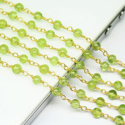 Natural Peridot Smooth Round Beads Gold Plated Brass Link Chain 5 x 14