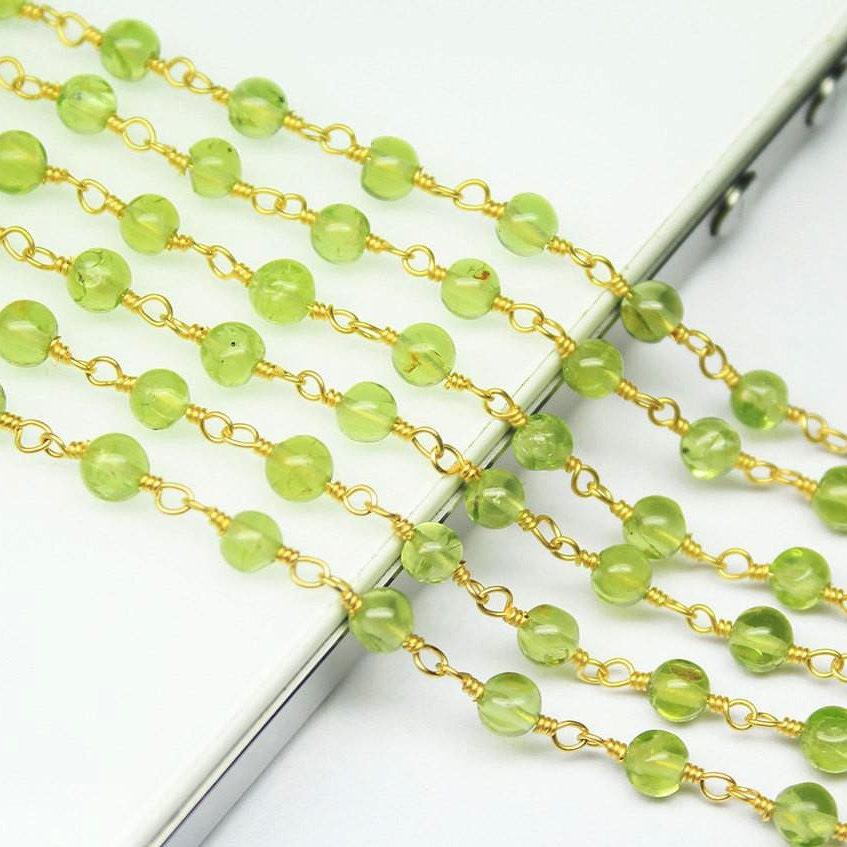 Natural Peridot Smooth Round Beads Gold Plated Brass Link Chain 5 x 14" 4mm - Jalvi & Co.