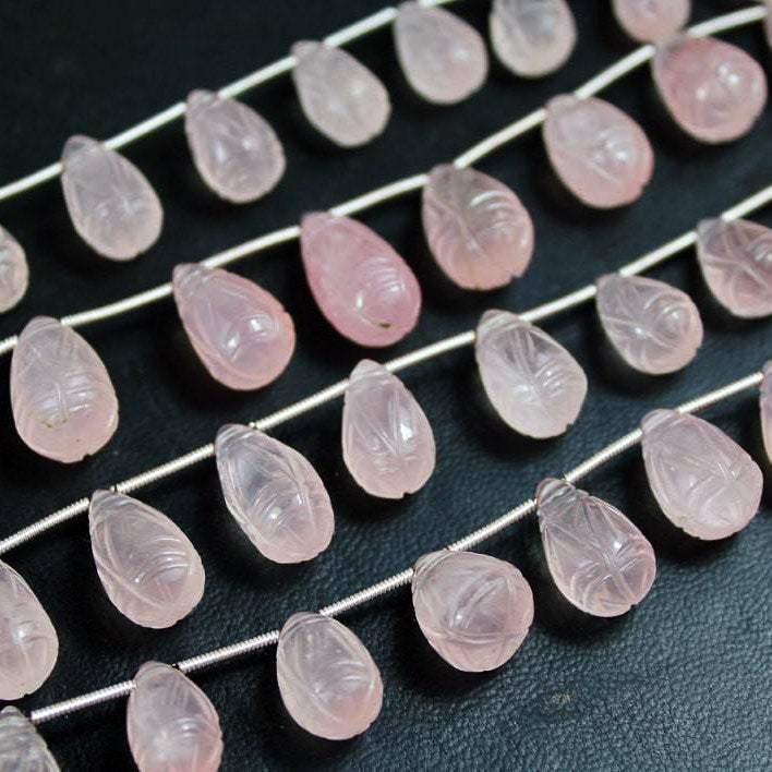 Natural Pink Rose Quartz Carving Teardrop Beads 13.5mm 17mm 7inches - Jalvi & Co.
