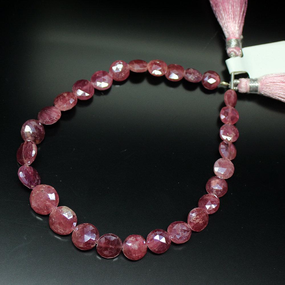 Natural Pink Sapphire Checker Cut Coin Round Gemstone Loose Beads 6mm 10mm 4" - Jalvi & Co.