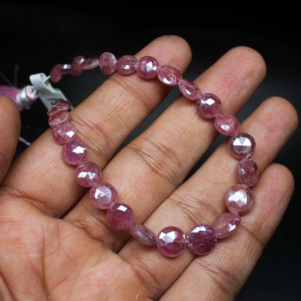 Natural Pink Sapphire Checker Cut Coin Round Gemstone Loose Beads 6mm 10mm 4" - Jalvi & Co.