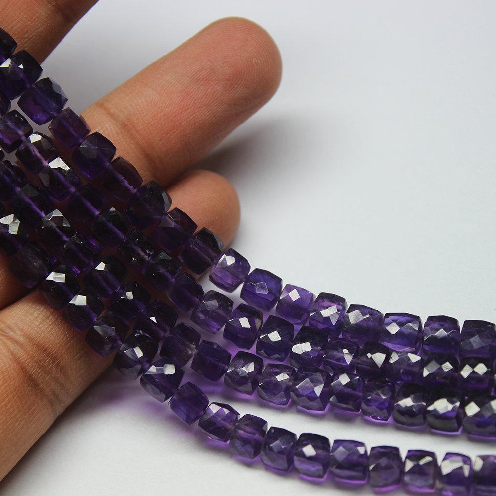 Natural Purple Amethyst Faceted Box Cube Gemstone Loose Beads Strand 8" 5.5mm - Jalvi & Co.