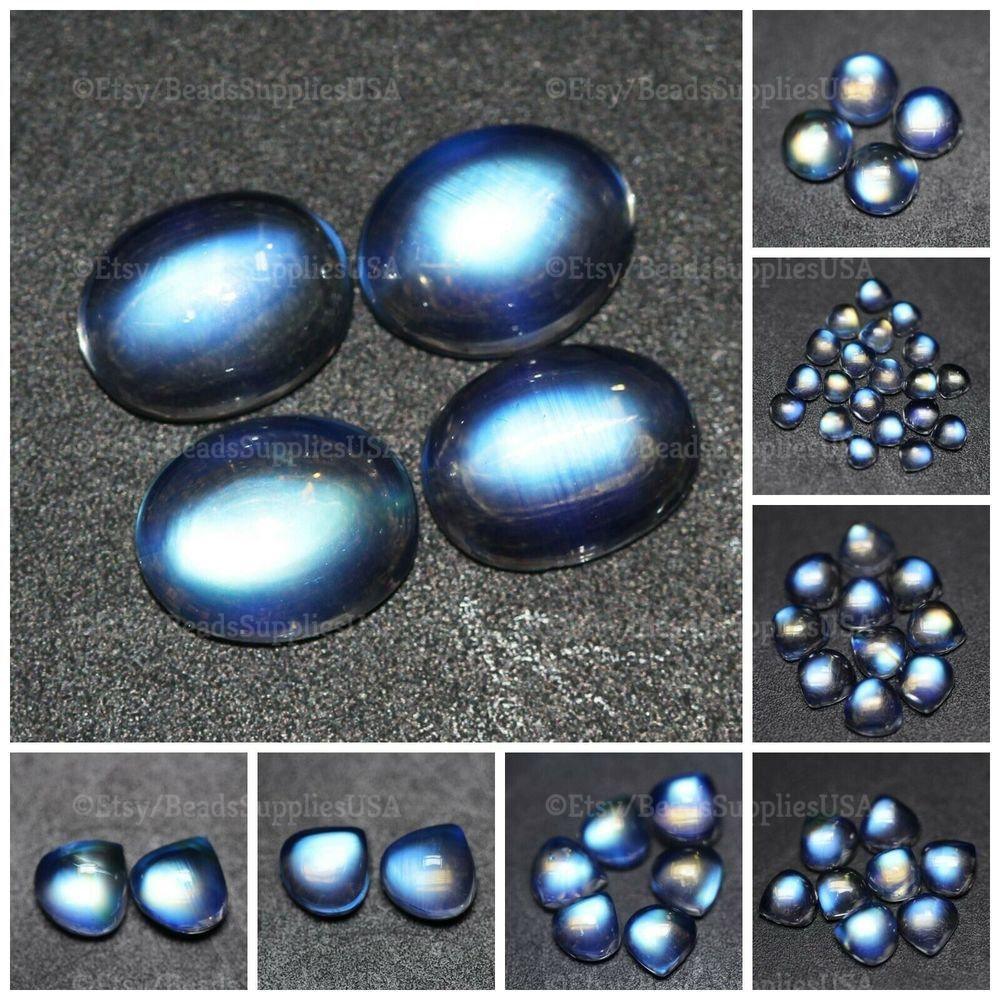 Natural Rainbow Moonstone Blue Flash Cabochon Oval Round Loose Gemstone - Jalvi & Co.