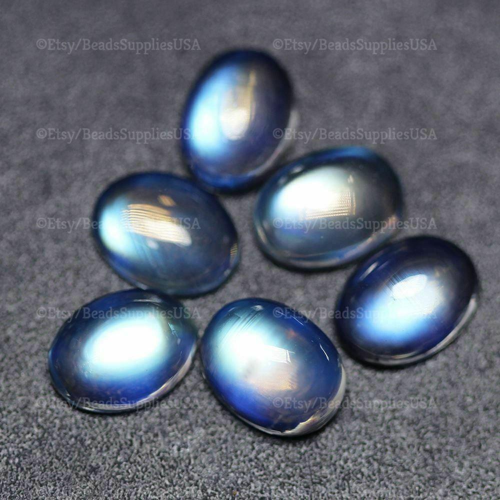 Natural Rainbow Moonstone Blue Flash Cabochon Oval Round Loose Gemstone - Jalvi & Co.