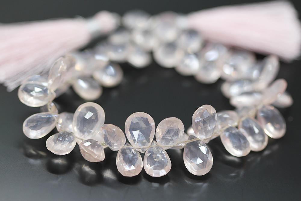 Natural Rose Quartz Faceted Pear Drop Beads 8.5mm 10mm 8inches - Jalvi & Co.