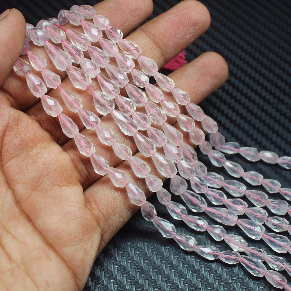 Natural Rose Quartz Faceted Tear Drop Loose Briolette Beads 8mm 12mm 9" 3 Strand - Jalvi & Co.