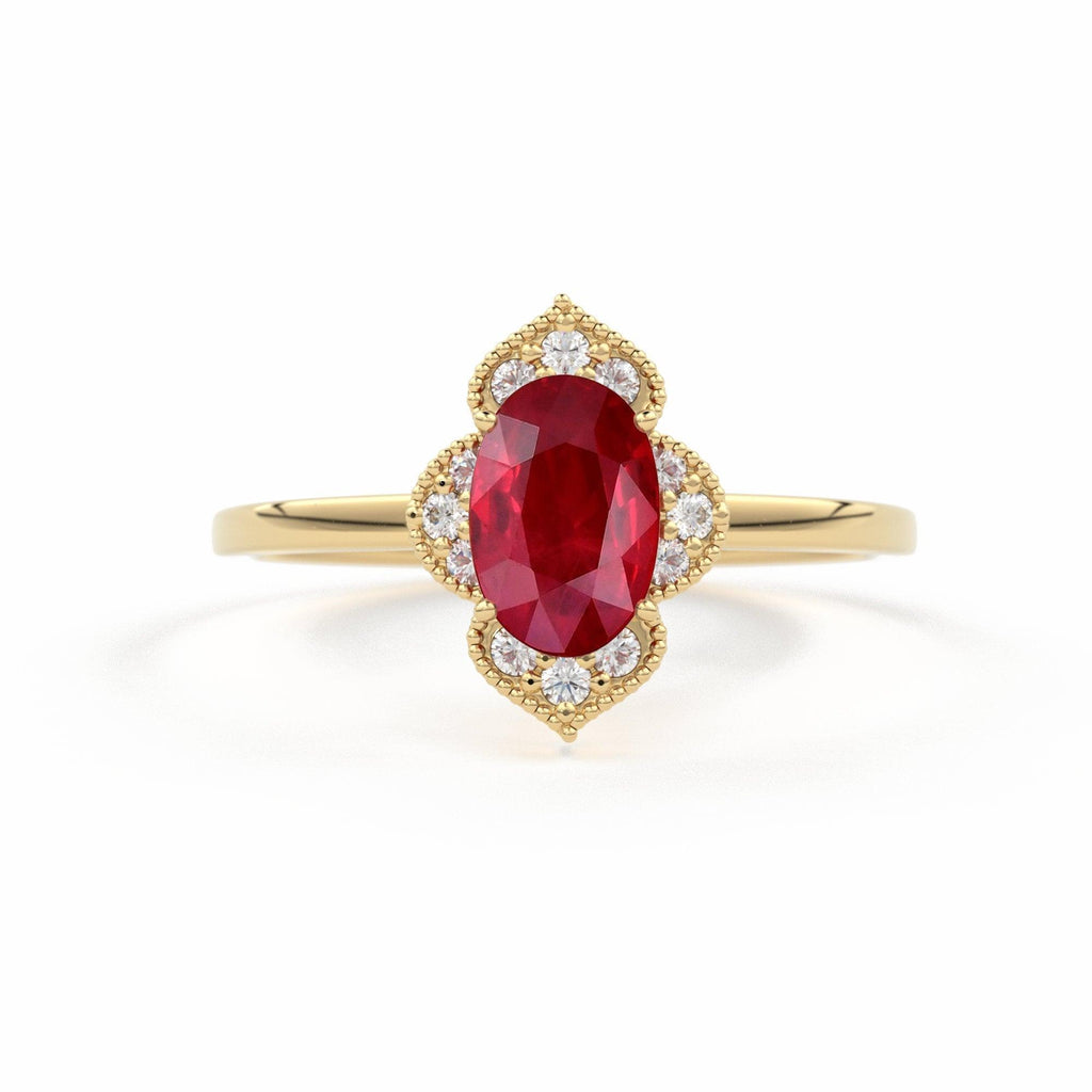 Natural Ruby Ring / 14k Gold Halo Ruby Engagement Ring / Victorian Genuine Ruby Ring / July Birthstone Ring / Anniversary Gift - Jalvi & Co.