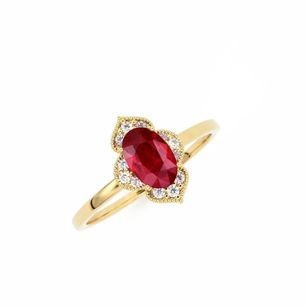 Natural Ruby Ring / 14k Gold Halo Ruby Engagement Ring / Victorian Genuine Ruby Ring / July Birthstone Ring / Anniversary Gift - Jalvi & Co.