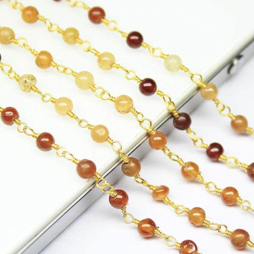 Natural Shaded Hessonite Smooth Round Beads Gold Plated Brass Link Chain 5 x 14" - Jalvi & Co.