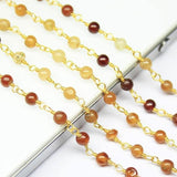 Natural Shaded Hessonite Smooth Round Beads Gold Plated Brass Link Chain 5 x 14