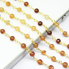 Load image into Gallery viewer, Natural Shaded Hessonite Smooth Round Beads Gold Plated Brass Link Chain 5 x 14&quot; - Jalvi &amp; Co.