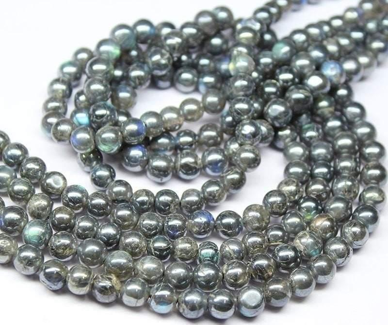 Natural Silver Coated Labradorite Smooth Polished Loose Round Beads 8mm 14" - Jalvi & Co.