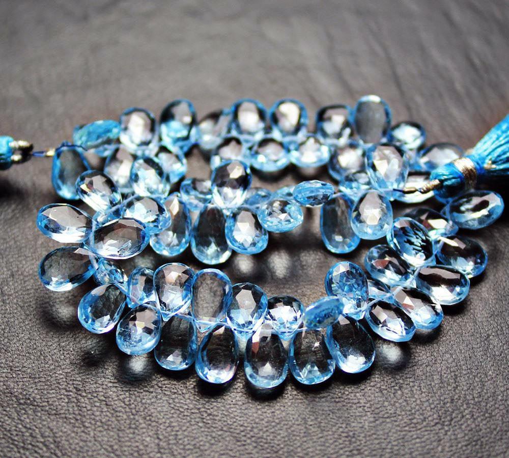 Natural Sky Blue Topaz Faceted Pear Drop Beads 7.5mm 12mm 8inches - Jalvi & Co.