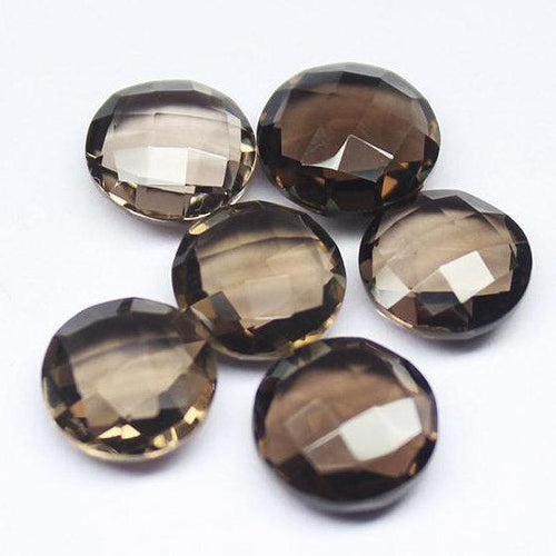 Natural Smoky Quartz Faceted Round Coin Loose Matching Pair Beads 18pc 10mm - Jalvi & Co.