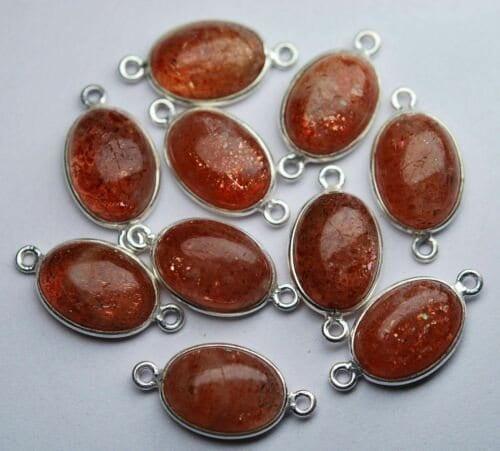 Natural Sunstone Smooth Oval Shape 925 Sterling Silver Connector 5pc 17-18mm - Jalvi & Co.