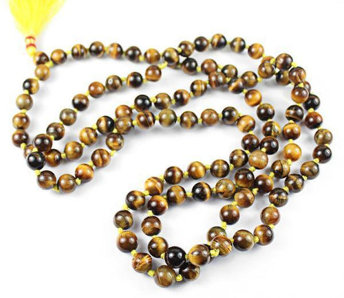 Natural Tiger's Eye Smooth Round Prayer Mala Beads Necklace 8mm 108 beads - Jalvi & Co.