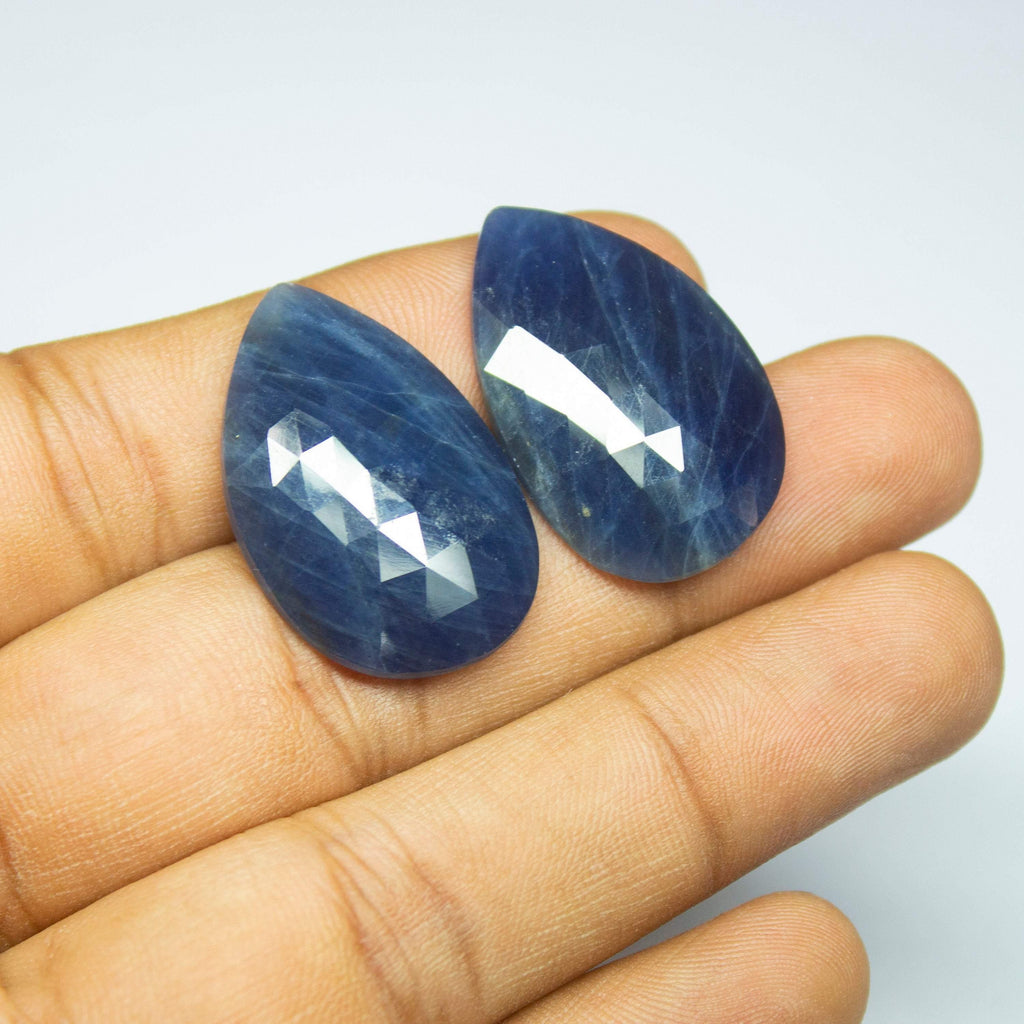 Natural Untreated Blue Sapphire Faceted Rose Cut Pear Drop Beads 29x19x4.5mm 2pc - Jalvi & Co.