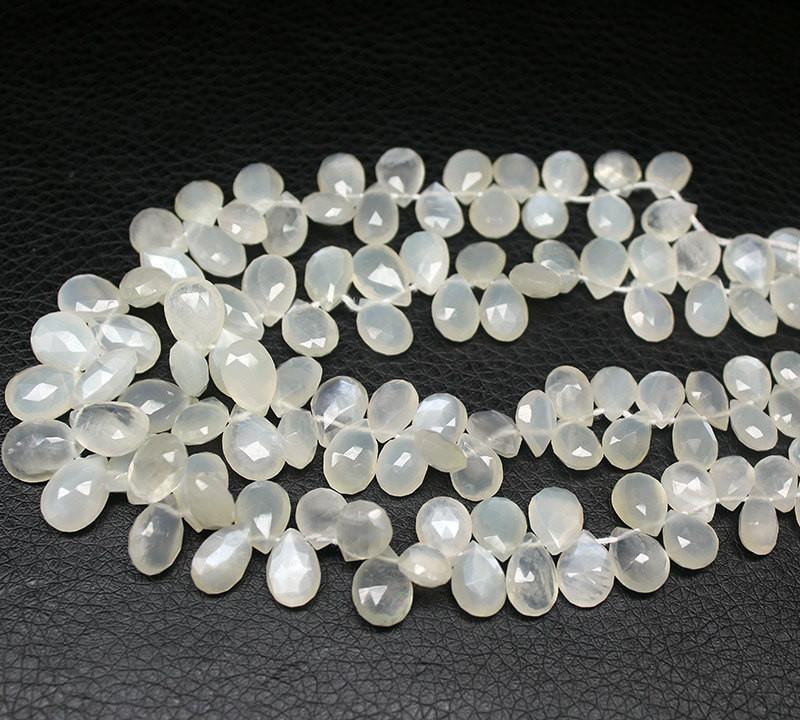 Natural White Moonstone Faceted Briolette Pear Drop Beads Strand 10" 9mm 11mm - Jalvi & Co.