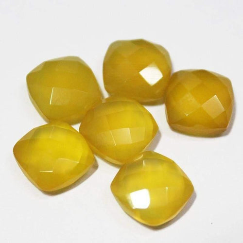Natural Yellow Chalcedony Faceted Cushion Gemstone Beads Matching Pair 6pc 10mm - Jalvi & Co.