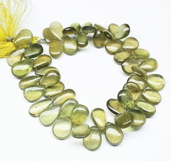 Natural Yellow Moss Heliodor Pear Drop Smooth Loose Beads Strand 24pc 10mm 12mm - Jalvi & Co.