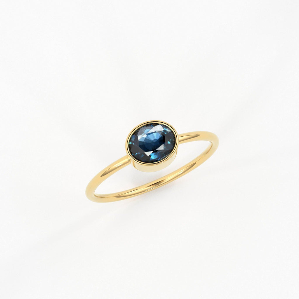 Oval Blue Sapphire Engagement Ring / Bezel Set Ring / 6.0MM Sapphire Ring / Gemstone Ring / Natural Sapphire Solid Gold Cocktail Ring - Jalvi & Co.