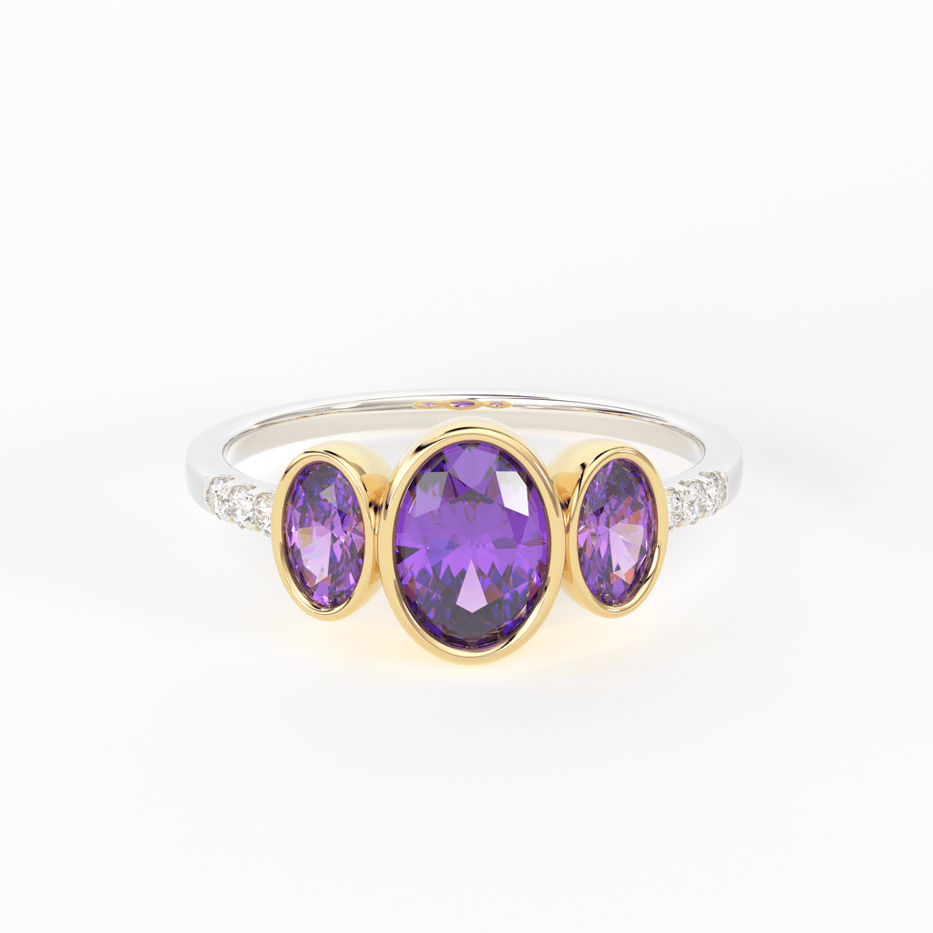 Pave Diamond Amethyst Ring / 3 Stone Amethyst Ring / Two Tone Solid Gold Diamond Amethyst Ring / February Birthstone / Gold Amethyst Ring - Jalvi & Co.