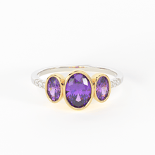 Load image into Gallery viewer, Pave Diamond Amethyst Ring / 3 Stone Amethyst Ring / Two Tone Solid Gold Diamond Amethyst Ring / February Birthstone / Gold Amethyst Ring - Jalvi &amp; Co.