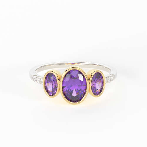 Pave Diamond Amethyst Ring / 3 Stone Amethyst Ring / Two Tone Solid Gold Diamond Amethyst Ring / February Birthstone / Gold Amethyst Ring - Jalvi & Co.