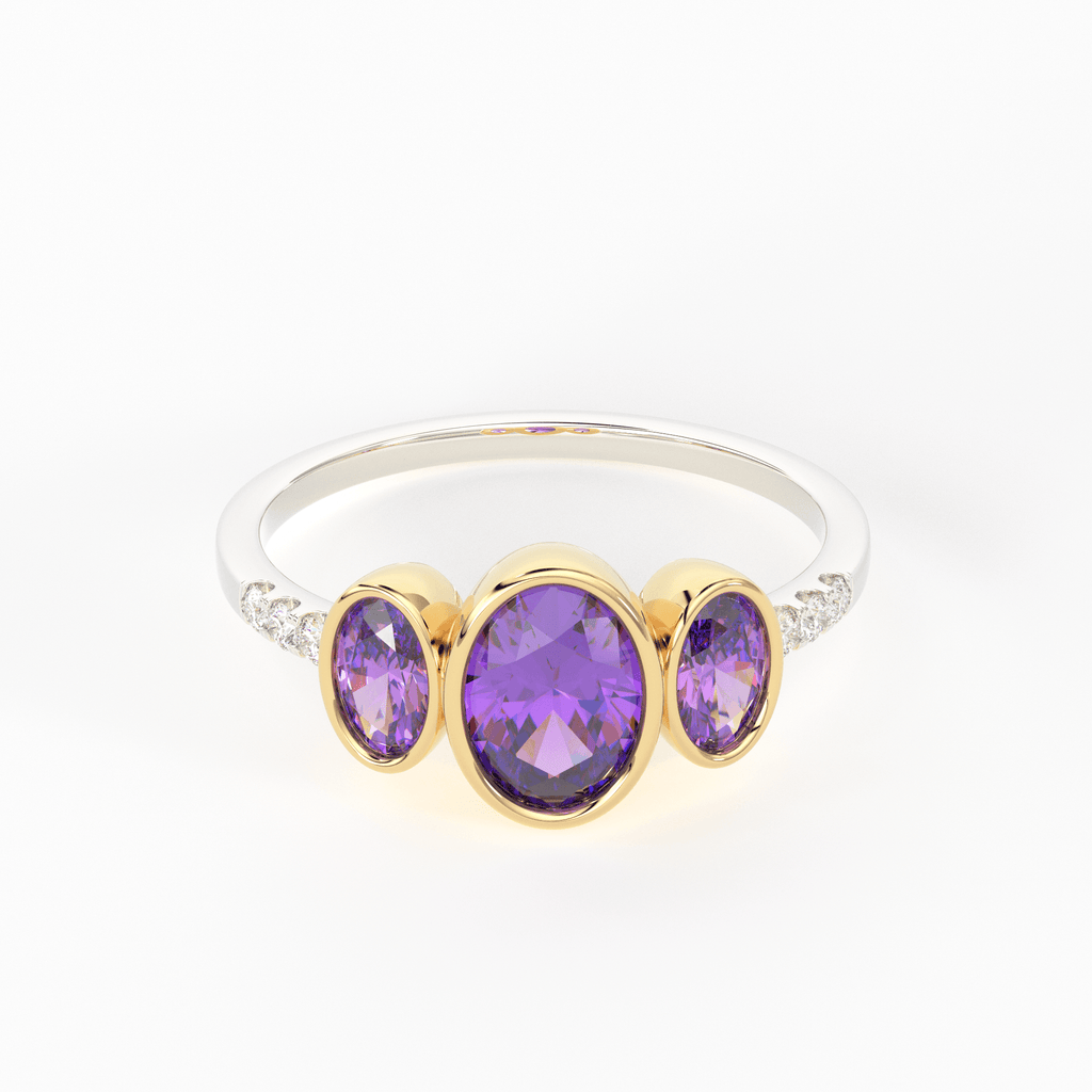 Pave Diamond Amethyst Ring / 3 Stone Amethyst Ring / Two Tone Solid Gold Diamond Amethyst Ring / February Birthstone / Gold Amethyst Ring - Jalvi & Co.