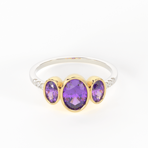Pave Diamond Amethyst Ring / 3 Stone Amethyst Ring / Two Tone Solid Gold Diamond Amethyst Ring / February Birthstone / Gold Amethyst Ring - Jalvi & Co.