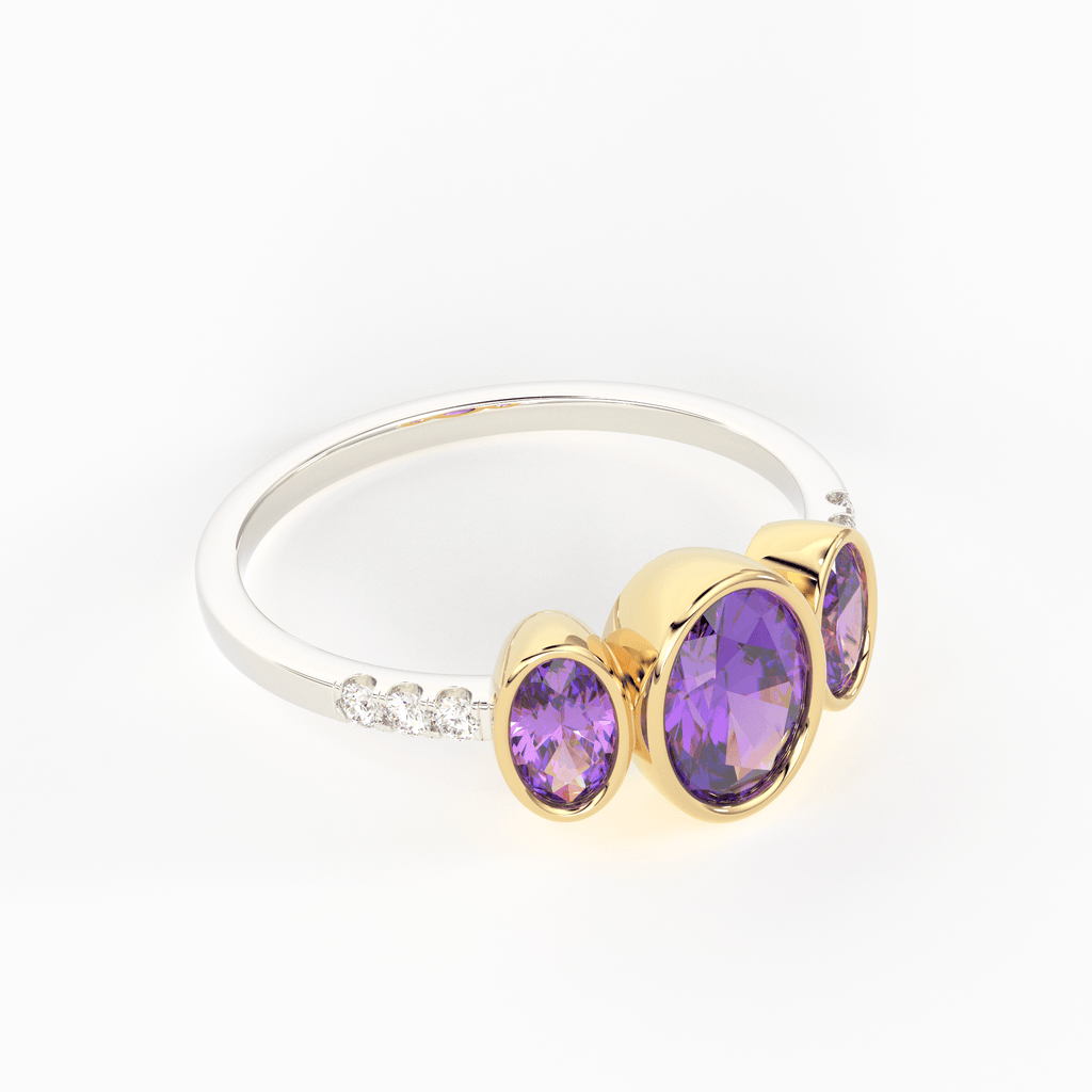 Pave Diamond Amethyst Ring / 3 Stone Amethyst Ring / Two Tone Solid Gold Diamond Amethyst Ring / February Birthstone / Gold Amethyst Ring - Jalvi & Co.