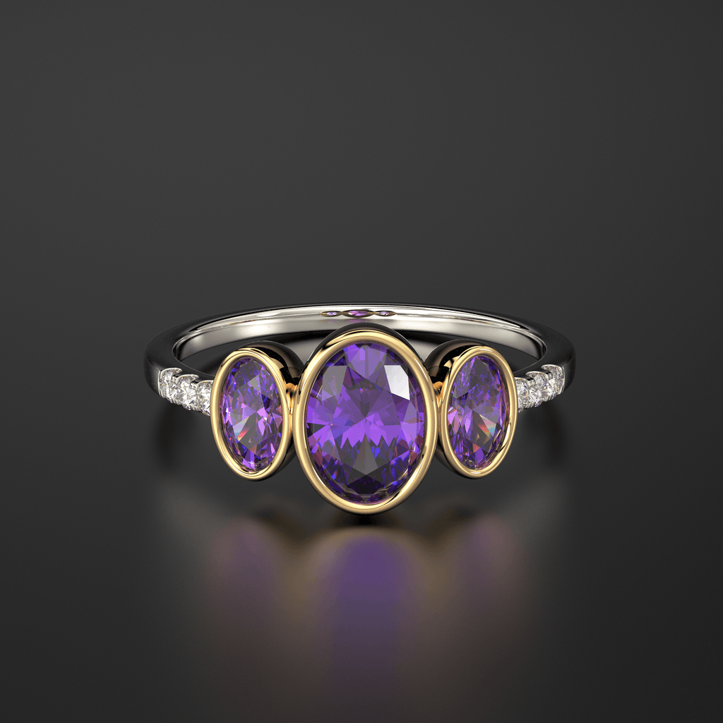 Pave Diamond Amethyst Ring / 3 Stone Amethyst Ring / Two Tone Solid Gold Diamond Amethyst Ring / February Birthstone / Gold Amethyst Ring - Jalvi & Co.