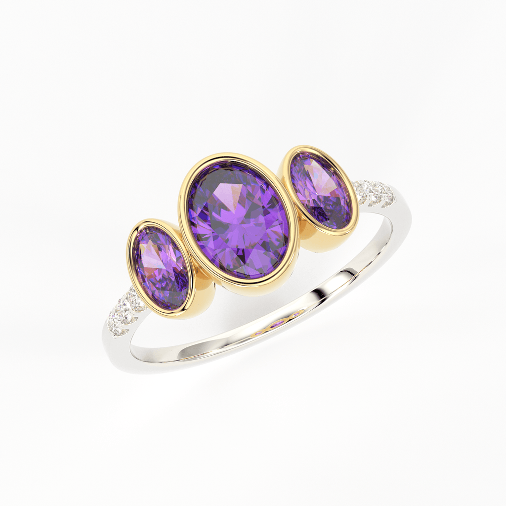 Pave Diamond Amethyst Ring / 3 Stone Amethyst Ring / Two Tone Solid Gold Diamond Amethyst Ring / February Birthstone / Gold Amethyst Ring - Jalvi & Co.