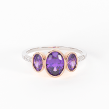 Load image into Gallery viewer, Pave Diamond Amethyst Ring / 3 Stone Amethyst Ring / Two Tone Solid Gold Diamond Amethyst Ring / February Birthstone / Gold Amethyst Ring - Jalvi &amp; Co.