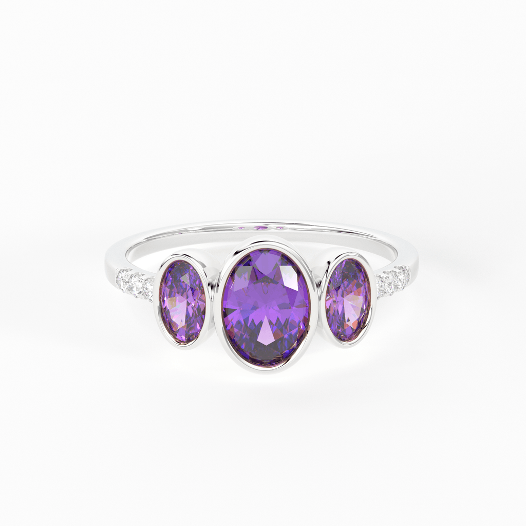 Pave Diamond Amethyst Ring / 3 Stone Amethyst Ring / Two Tone Solid Gold Diamond Amethyst Ring / February Birthstone / Gold Amethyst Ring - Jalvi & Co.