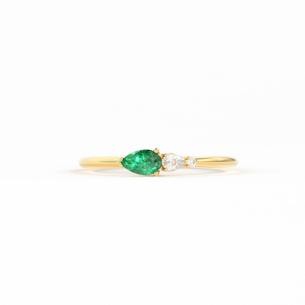 Pear Green Emerald Diamond Ring, Three Stone Ring with Green Emerald, Three Stone Engagement Ring, May Birthstone Diamond Ring, Gemstone - Jalvi & Co.