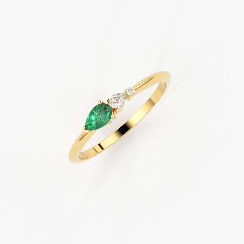 Pear Green Emerald Diamond Ring, Three Stone Ring with Green Emerald, Three Stone Engagement Ring, May Birthstone Diamond Ring, Gemstone - Jalvi & Co.