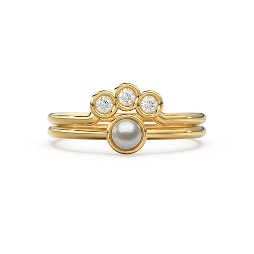 Pearl & Diamond Engagement Ring Set, Dainty Wedding Band, Pearl Solitaire Ring, Nesting Crown Band, Solid Gold Gemstone Wedding Stack Ring - Jalvi & Co.