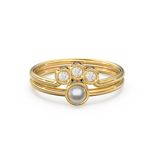 Pearl & Diamond Engagement Ring Set, Dainty Wedding Band, Pearl Solitaire Ring, Nesting Crown Band, Solid Gold Gemstone Wedding Stack Ring - Jalvi & Co.