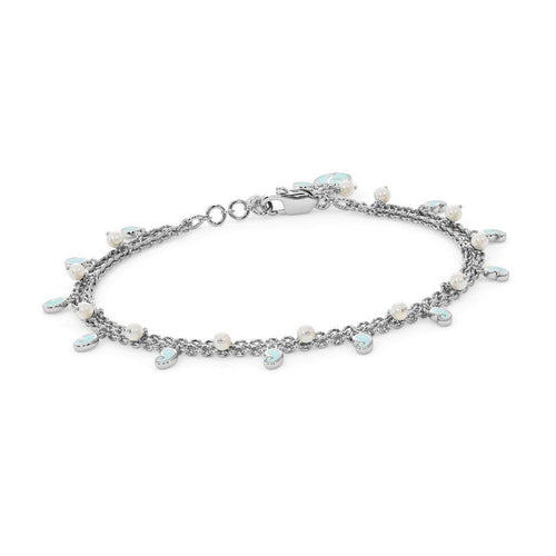 Pearl Enamel Charm Bracelet Diamond 14k Solid White Gold Handmade, Charm Bracelet, Pearl Bracelet, White Gold Bracelet, Enamel Bracelet - Jalvi & Co.