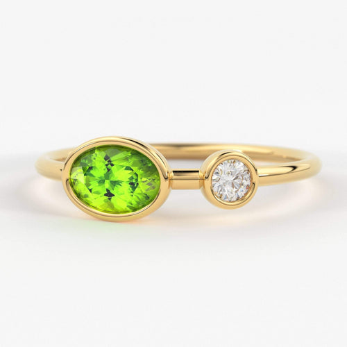 Peridot Ring / 14k Gold Peridot Ring with Diamond / Oval Shape Bezel Setting Peridot ring with Diamond / August Birthstone Ring - Jalvi & Co.