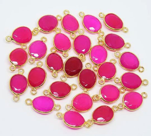 Pink Chalcedony Oval 925 Sterling Silver Gold Vermeil Bezel Connector 17mm 4pc - Jalvi & Co.
