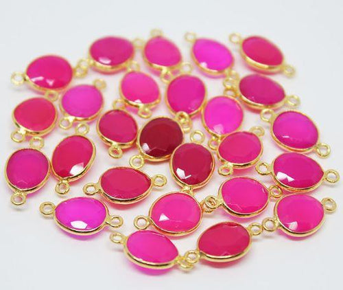 Pink Chalcedony Oval 925 Sterling Silver Gold Vermeil Bezel Connector 17mm 4pc - Jalvi & Co.