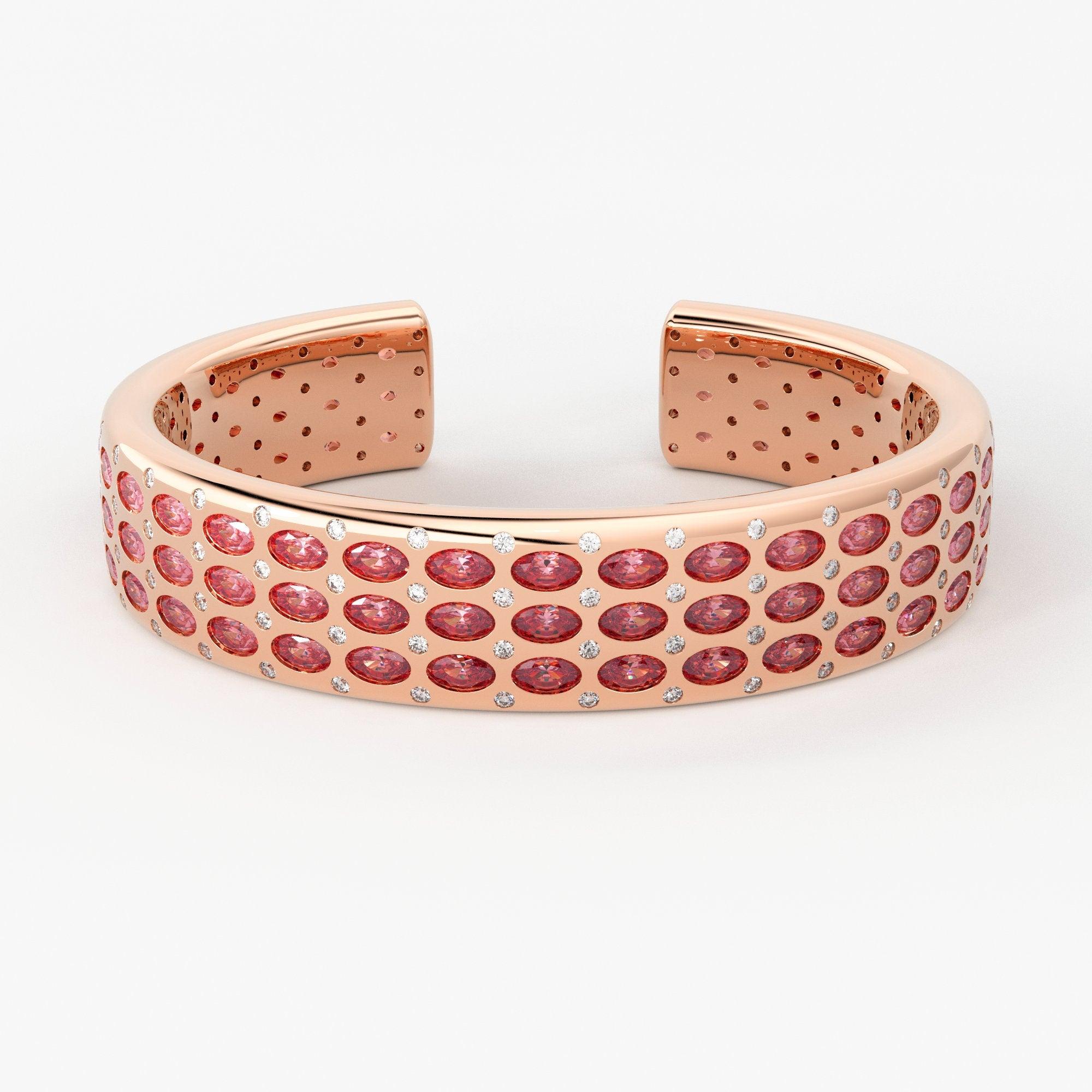 Pink Tourmaline Cuff Bracelet Diamond Gold Bracelet Natural