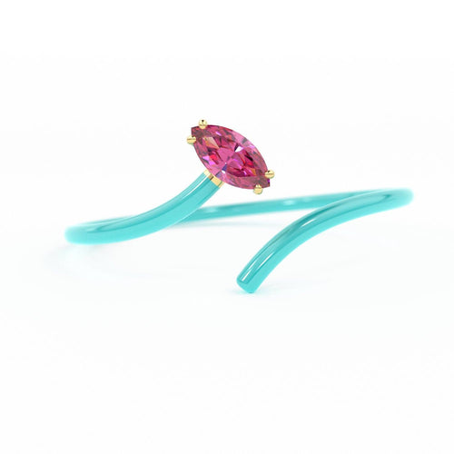 Pink Tourmaline Vine Ring in 14k Gold / Turquoise Blue Enamel Handmade Ring / Designer Gemstone Ring / Marquise Gemstone Band / High Jewelry - Jalvi & Co.