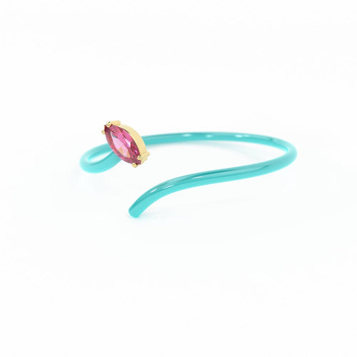 Pink Tourmaline Vine Ring in 14k Gold / Turquoise Blue Enamel Handmade Ring / Designer Gemstone Ring / Marquise Gemstone Band / High Jewelry - Jalvi & Co.