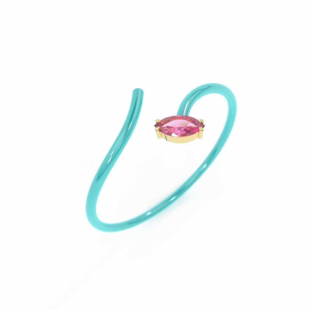 Pink Tourmaline Vine Ring in 14k Gold / Turquoise Blue Enamel Handmade Ring / Designer Gemstone Ring / Marquise Gemstone Band / High Jewelry - Jalvi & Co.