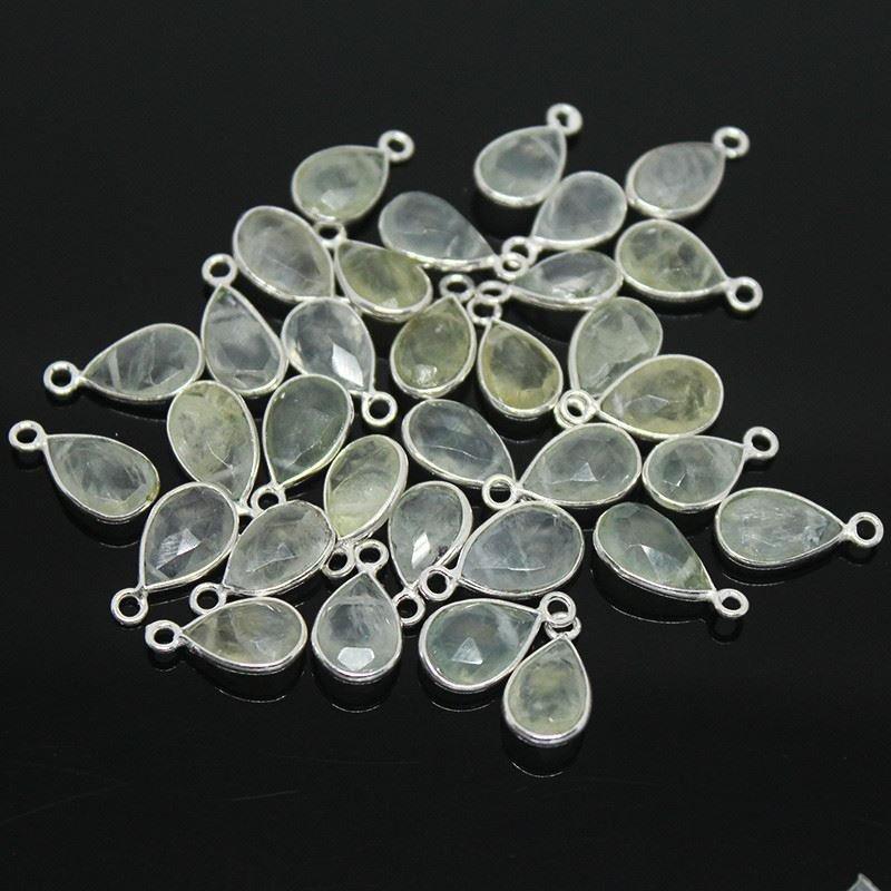 Prehnite Faceted Pear Bezel Sterling Silver Pendant Finding Charm 20pc 9mm 10mm - Jalvi & Co.